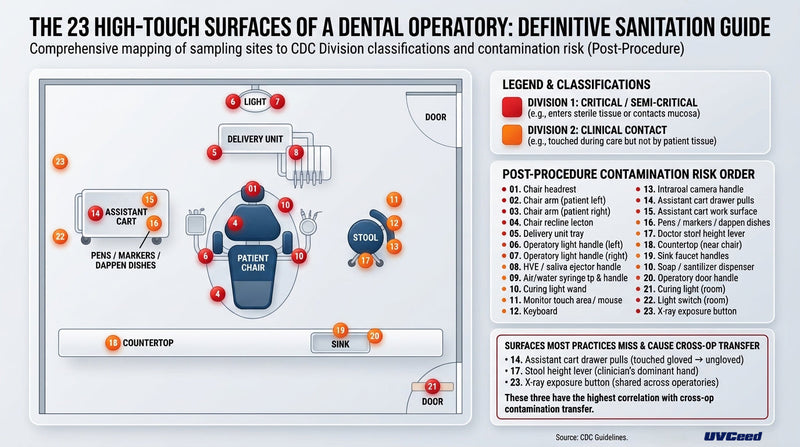 The dental operatory UV-C audit: 23 surfaces, 3 cleaning protocols, before/after CFU counts